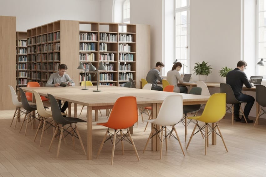 Ghế eames nhựa chân gỗ trong thư viện