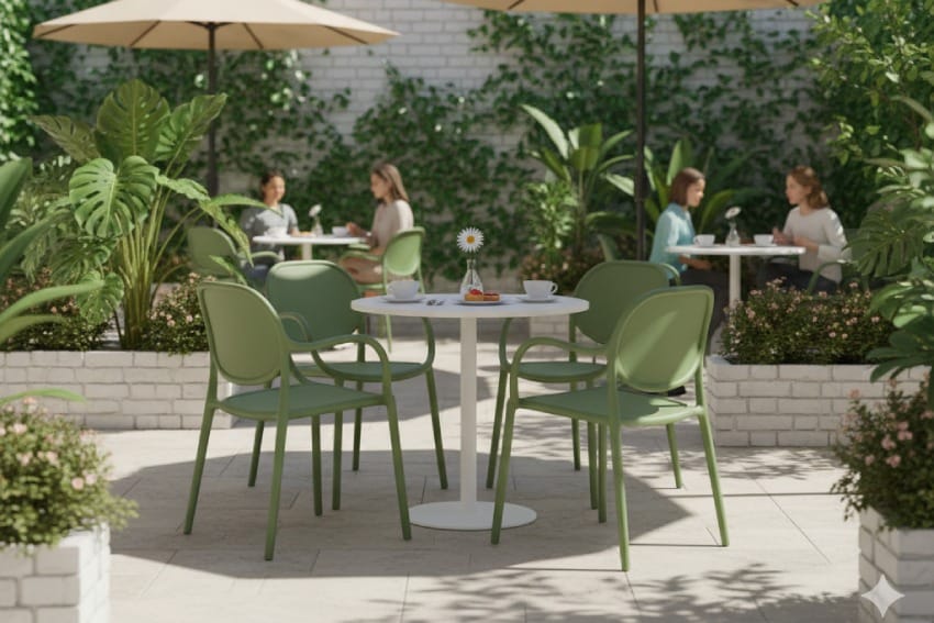 Ghế nhựa có tựa lưng ở quán cà phê ngoài trời