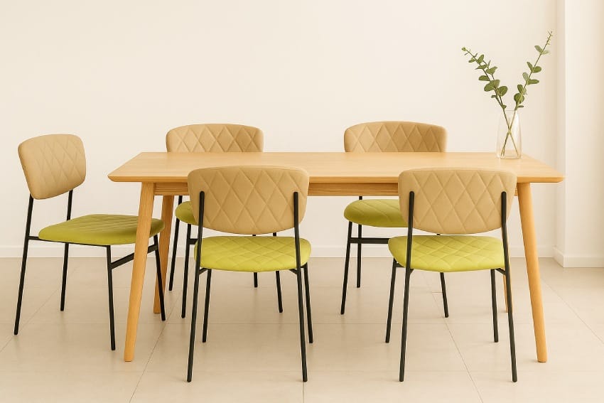 Ghế sắt hoa văn mặt ngồi bọc vải trần trám với bàn