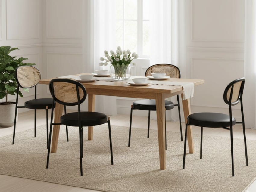 Ghế tựa khung sắt với tựa lưng bằng gỗ ash đan mây