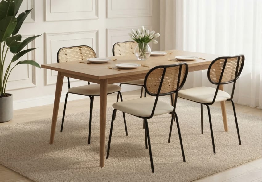 Ghế tựa lưng mây chân sắt kết hợp với bàn ăn