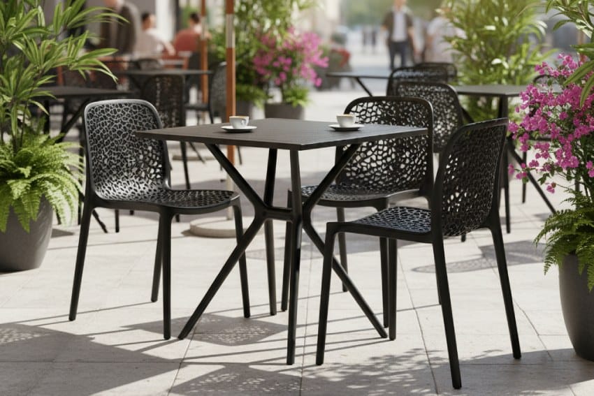 Bàn nhựa cao 75cm kết hợp với ghế ở quán cafe ngoài trời