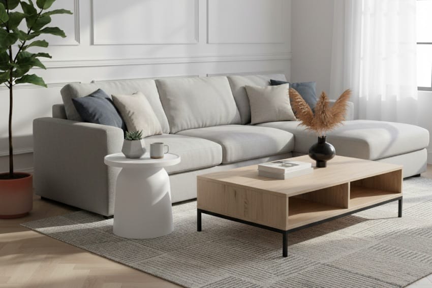 Bàn nhựa đúc kết hợp sofa trong phòng khách