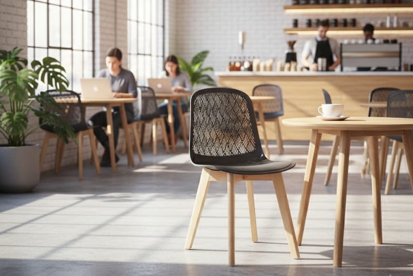 Ghế cafe nhựa chân gỗ kết hợp với bàn trong quán cà phê