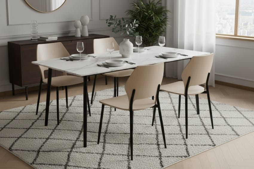 Ghế gỗ chân sắt MHK-0143 kết hợp với bàn mặt đá