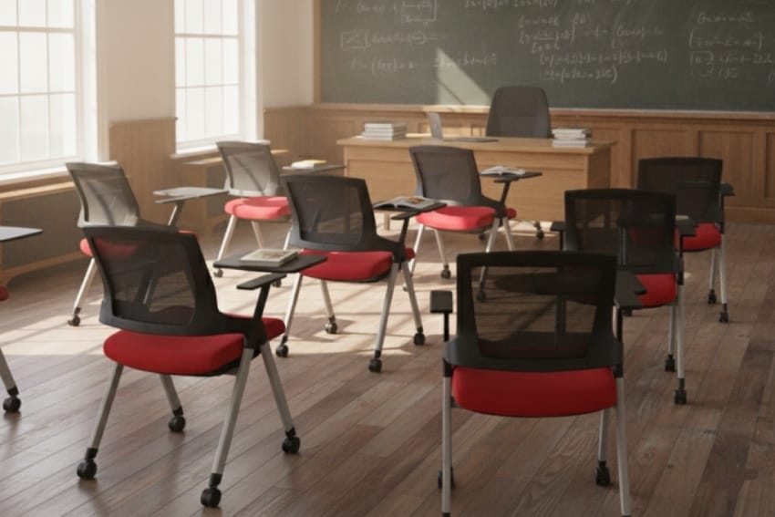 Ghế liền bàn học sinh đỏ trong không gian lớp học