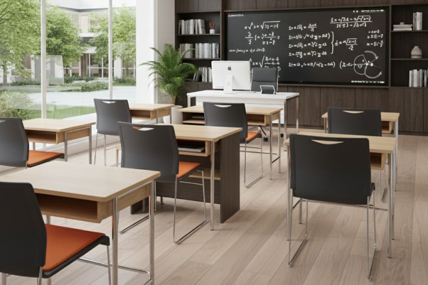 Ghế ngồi học kết hợp với bàn trong không gian phòng học