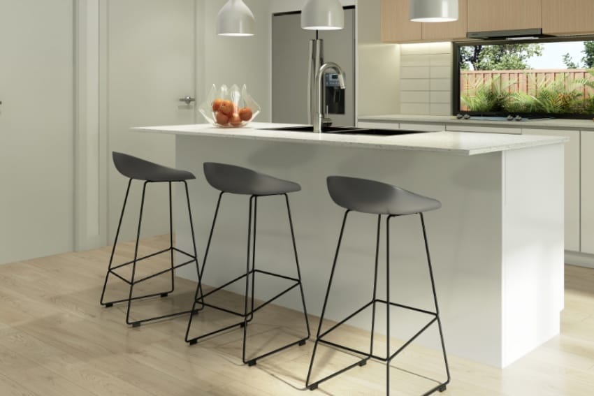 Ghế nhựa chân sắt kết hợp vói bàn trong khu bếp