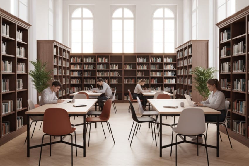 Ghế nhựa chân sắt kết hợp với bàn trong thư viện