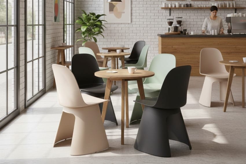 Ghế nhựa có lưng tựa trong không gian quán cà phê