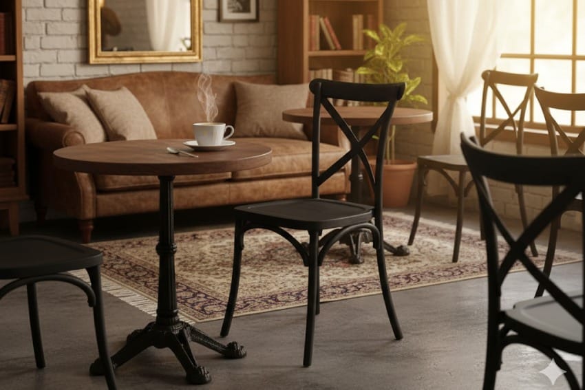 Ghế nhựa giả gỗ trong quán cà phê vintage