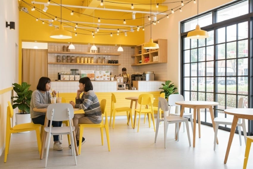 Ghế nhựa ngã lưng trong không gian quán cafe