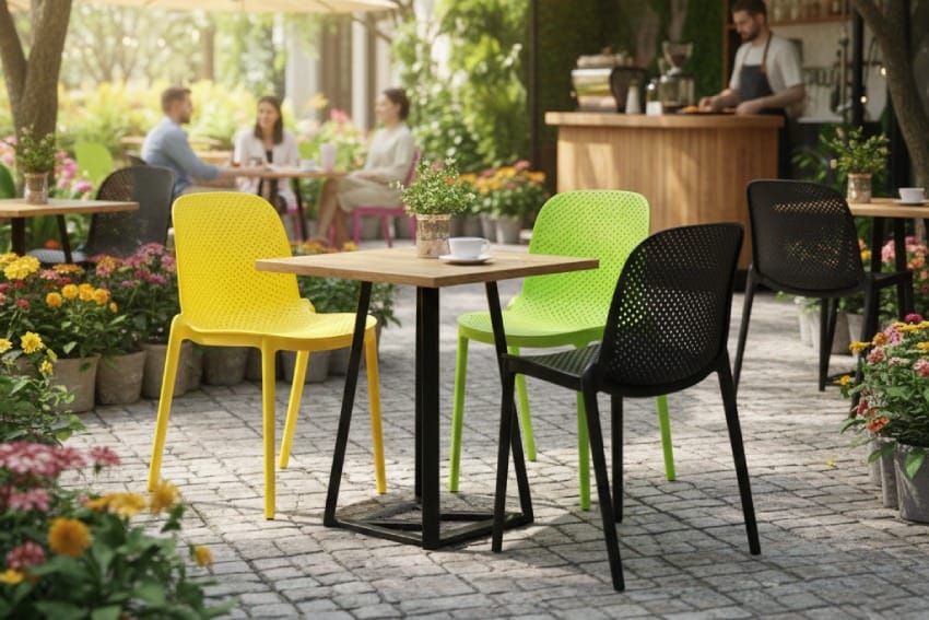Ghế nhựa ngồi kết hợp với bàn ở không gian cà phê