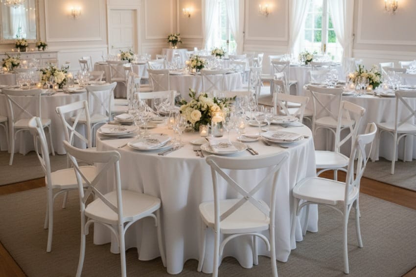 Ghế nhựa trắng MDS-3041 trong không gian bữa tiệc