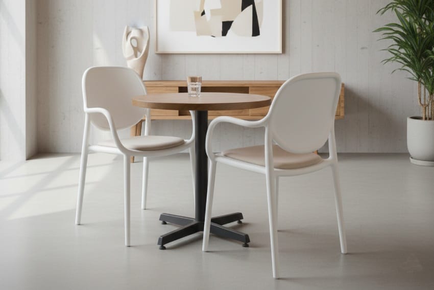 Ghế nhựa trắng kết hợp với bàn