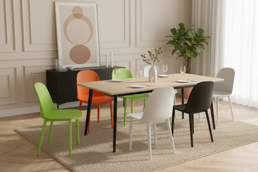 Ghế nhựa tựa lưng cao kết hợp với bàn trong phòng ăn