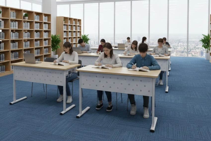 Bàn học đẹp MDB-02 trong thư viện kết hợp cùng ghế