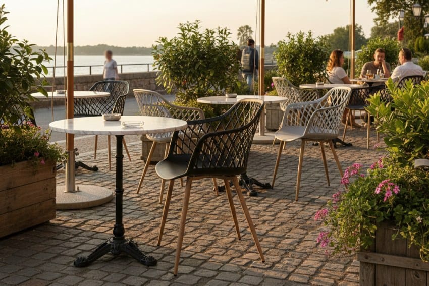 Ghế nhựa cao tựa lưng trong không gian quán cà phê ngoài trời