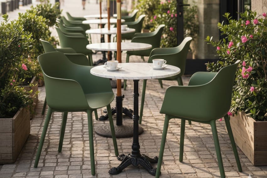 Ghế nhựa màu trắng ở quán cà phê ngoài trời