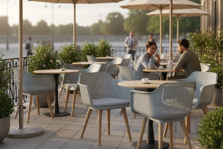 Ghế nhựa thấp tựa lưng trong quán cà phê ngoài trời