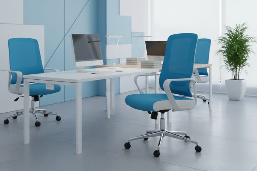 Ghế xoay tựa lưng trong văn phòng tone xanh trắng