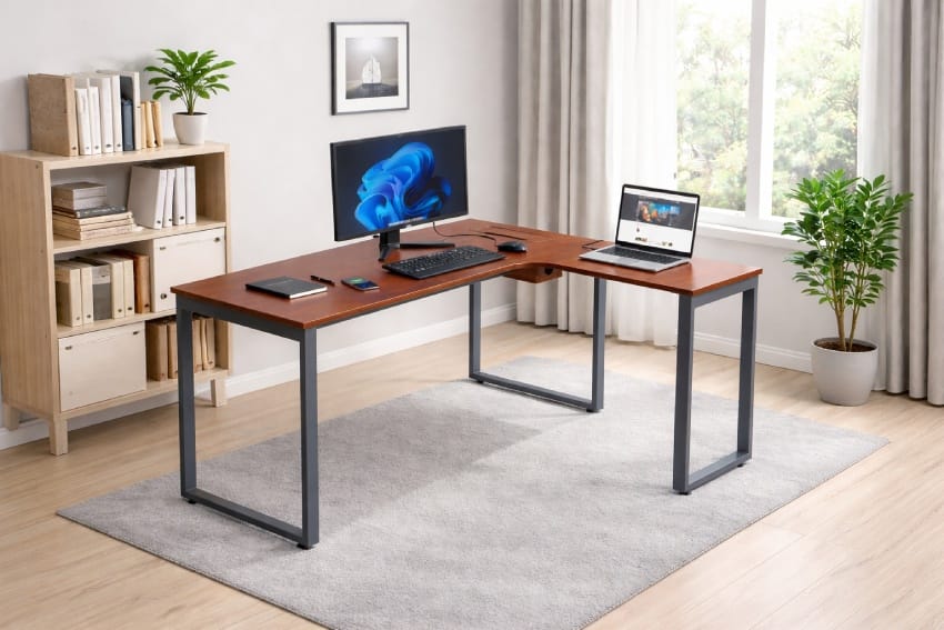 Bàn chữ L chân sắt có hộp điện