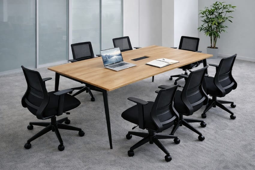 Bàn khung sắt mặt gỗ kết hợp với ghế trong phòng họp