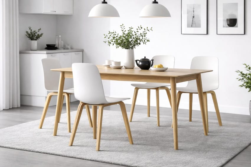 Ghế chân gỗ mặt nhựa kết hợp với bàn trong không gian hiện đại