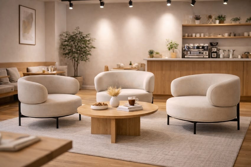 Bộ ghế sofa đơn cao cấp được sử dụng tại một quán cà phê