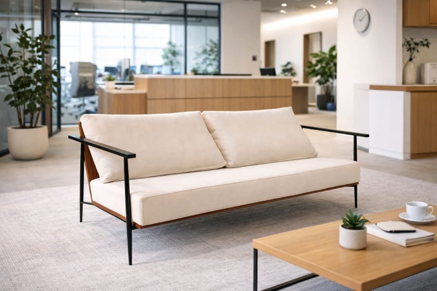 Sofa da băng dài MHKS-2052 được lên thiết kế 3D tại không gian tiếp khách của một văn phòng