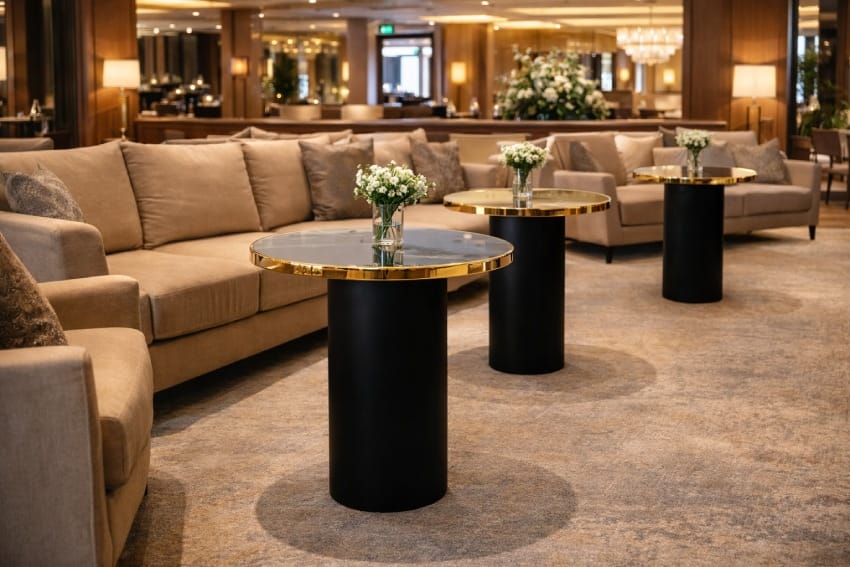 Bàn tròn chân sắt BCF-MHK15 được sử dụng rất phổ biến ở sảnh khách sạn