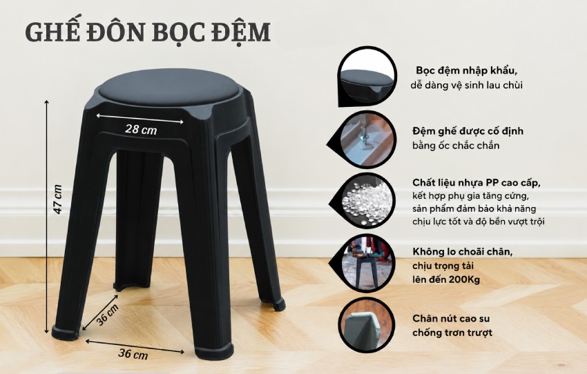 Thông sỗ kỹ thuật ghế đôn nhựa bọc nệm MD-TM20