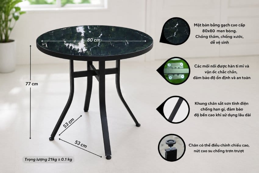 Thông số kỹ thuật chi tiết của Bàn tròn mặt gạch MDT-MG03